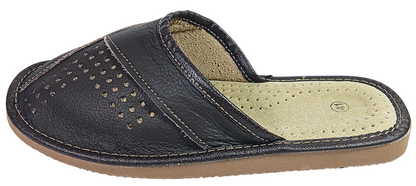 Pair of men's dark brown closed-toe leather slippers showing perforated vamp, cream footbed and tan ribbed rubber outsole — The Leather Gift Co
