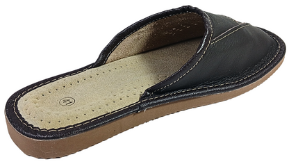 Pair of men's dark brown closed-toe leather slippers showing perforated dot cluster vamp, cream leather insole and tan rubber sole — The Leather Gift Co