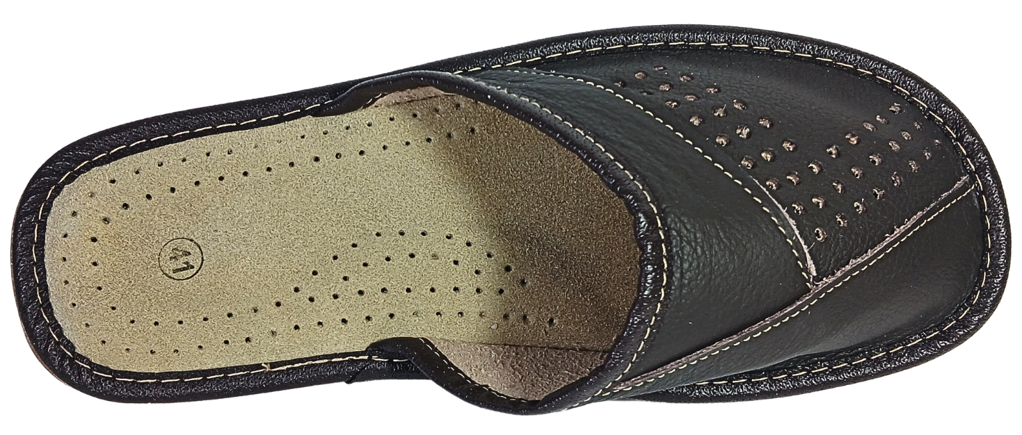 Side profile view of men's dark brown closed-toe leather slipper with white contrast stitching and tan rubber outsole — The Leather Gift Co