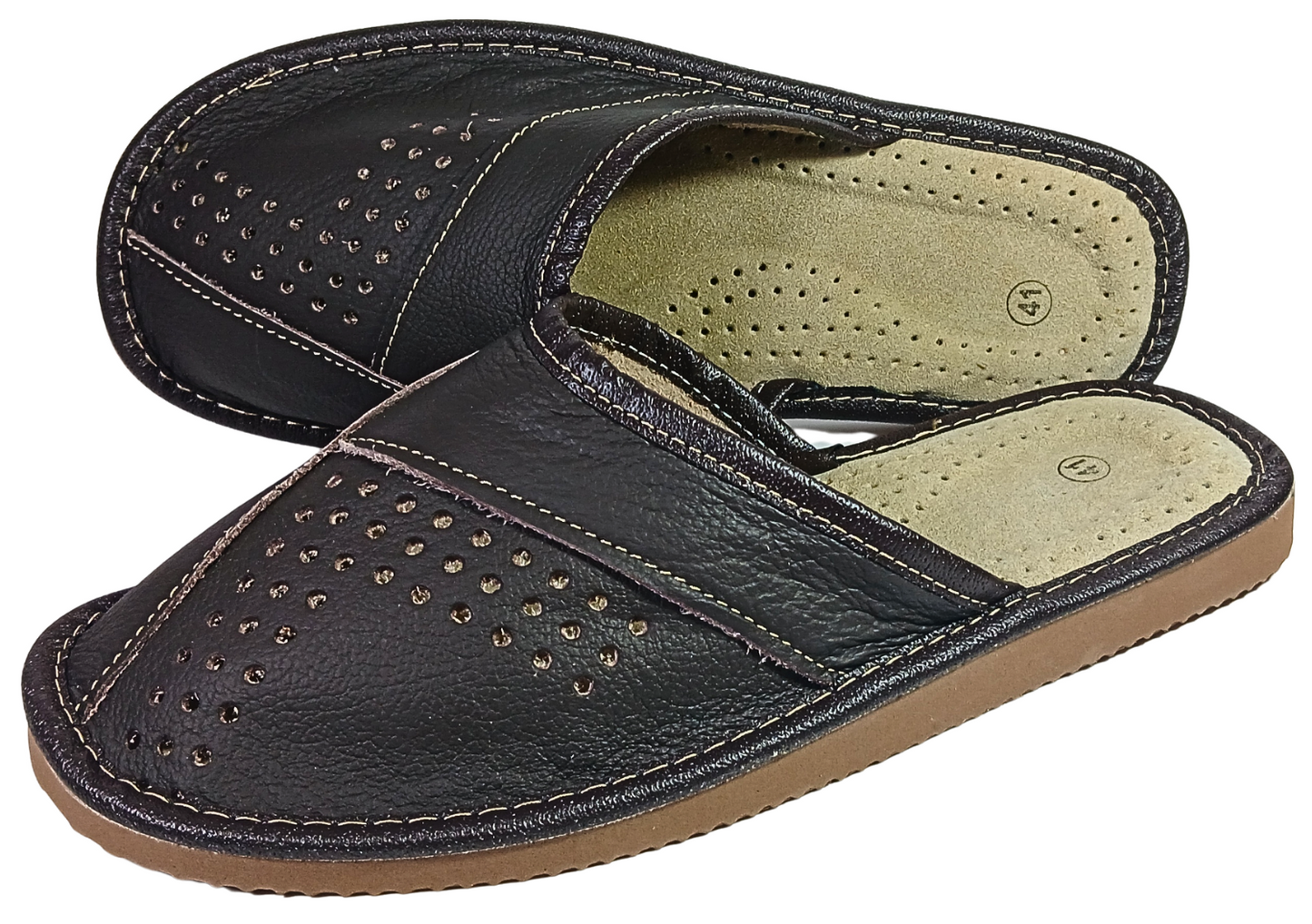 Three-quarter front view of men's dark brown closed-toe leather slipper showing perforated vamp and cream leather footbed — The Leather Gift Co