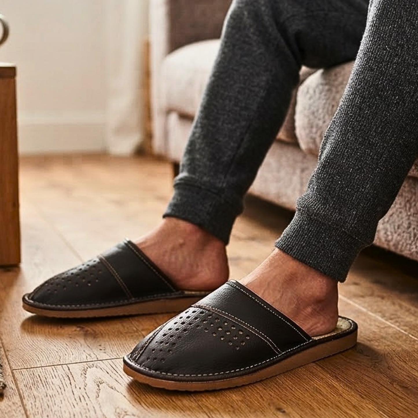 Top-down view of men's dark brown closed-toe leather slipper showing perforated dot cluster on vamp and cream leather footbed — The Leather Gift Co
