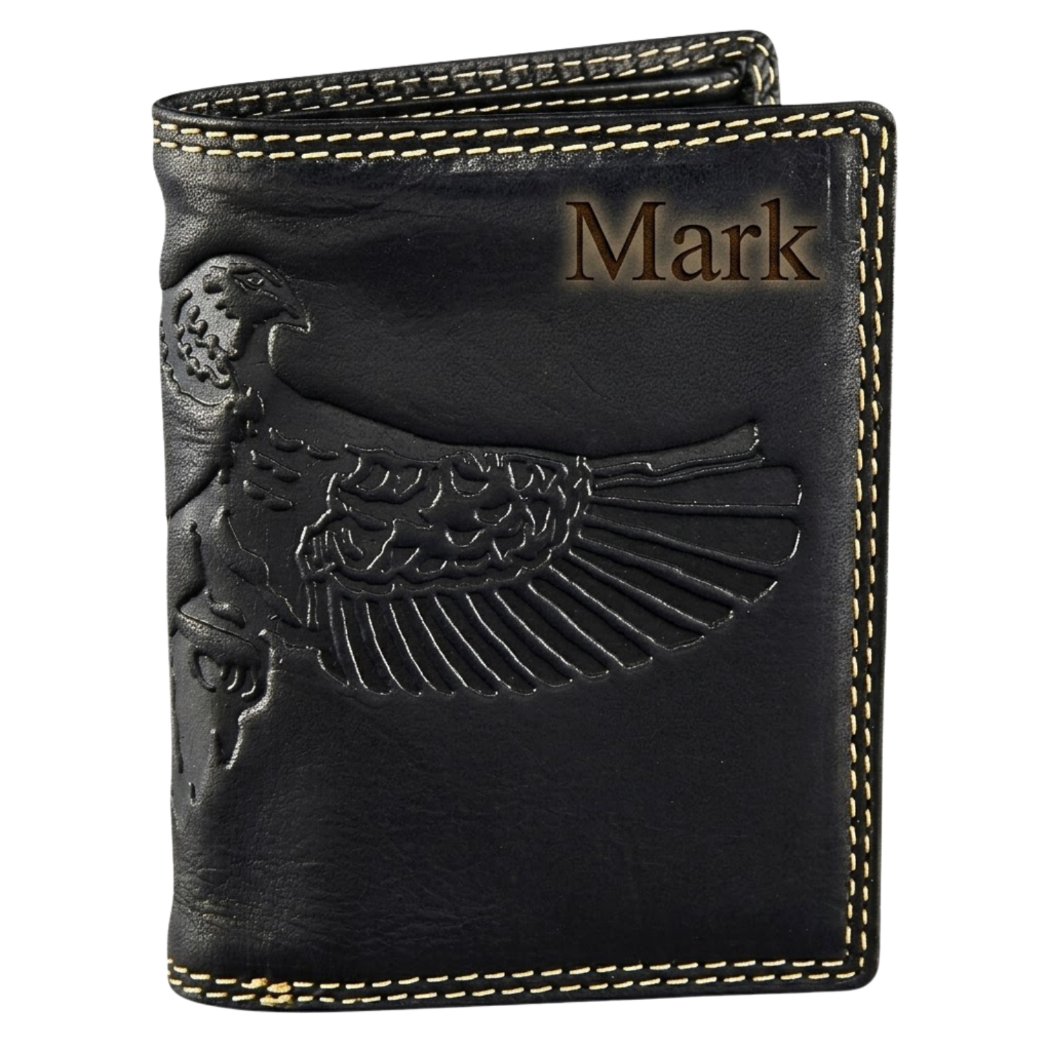 Handcrafted eagle embossed men's wallet with personalized laser engraving