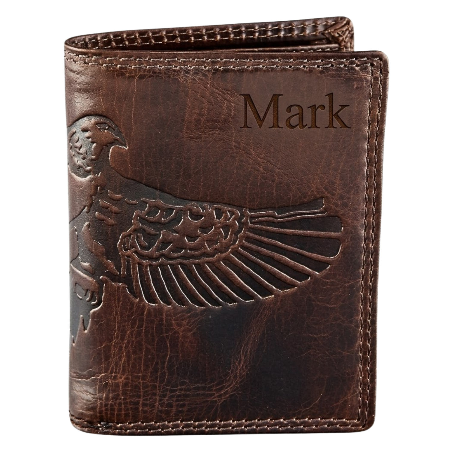 Brown leather wallet with embossed Eagle design and 'Mark' engraving on a white background