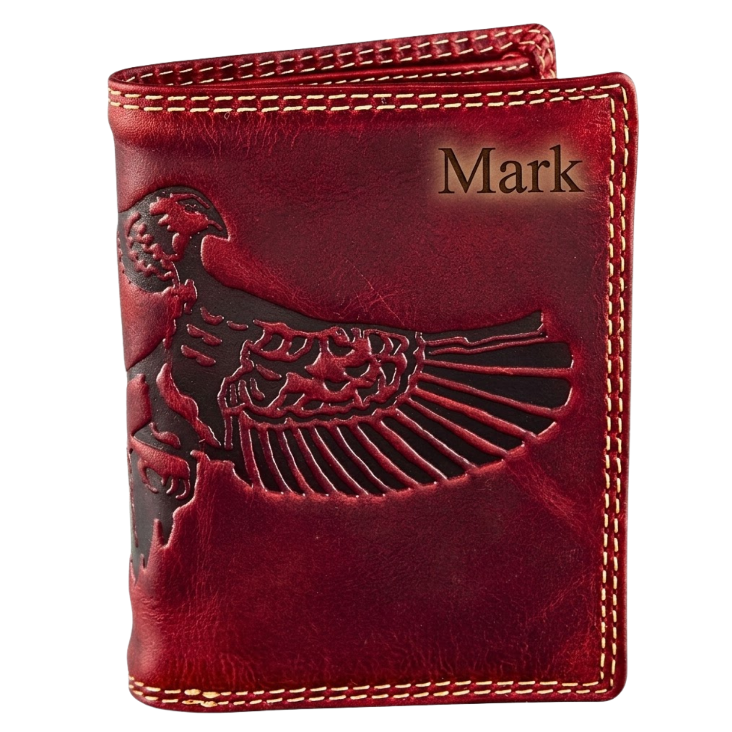 Eagle embossed personalized buffalo leather wallet for men on white background