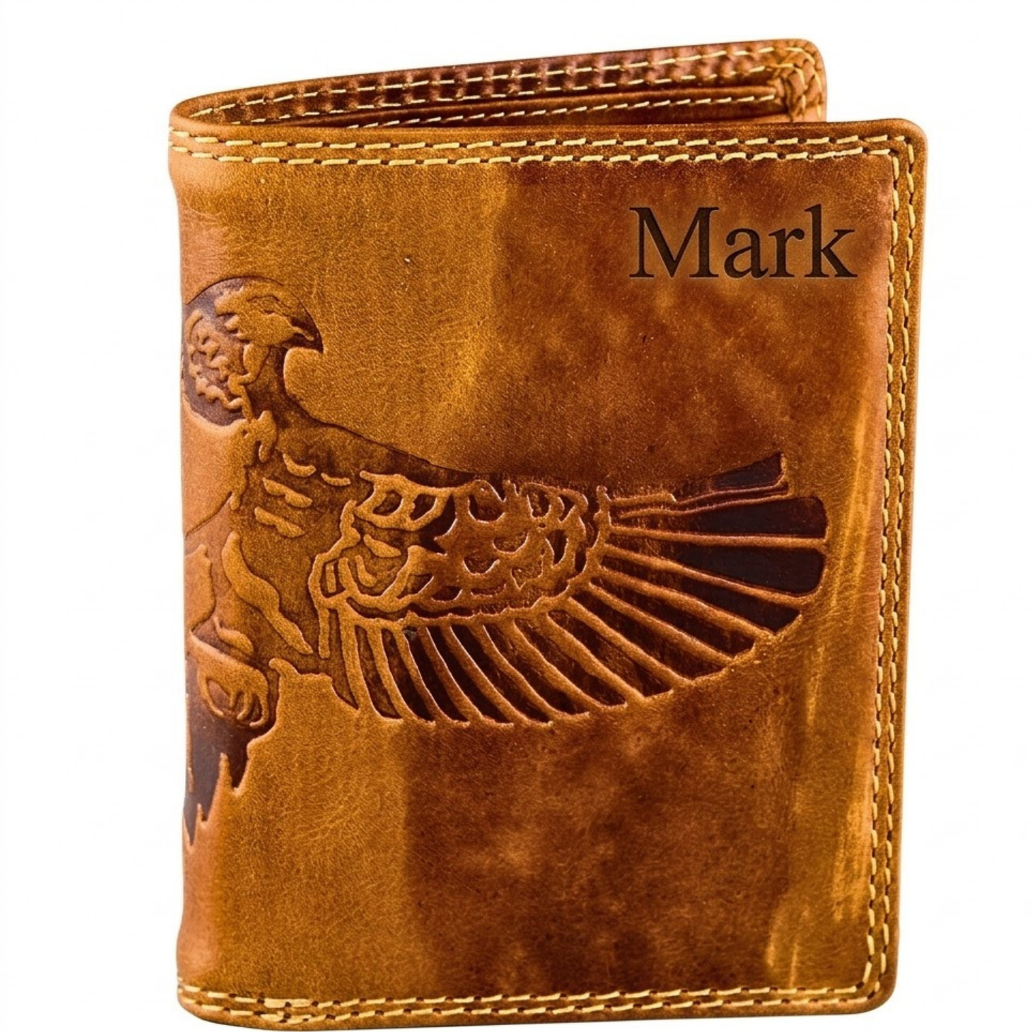 Custom engraved buffalo leather wallet — eagle motif gift for him
