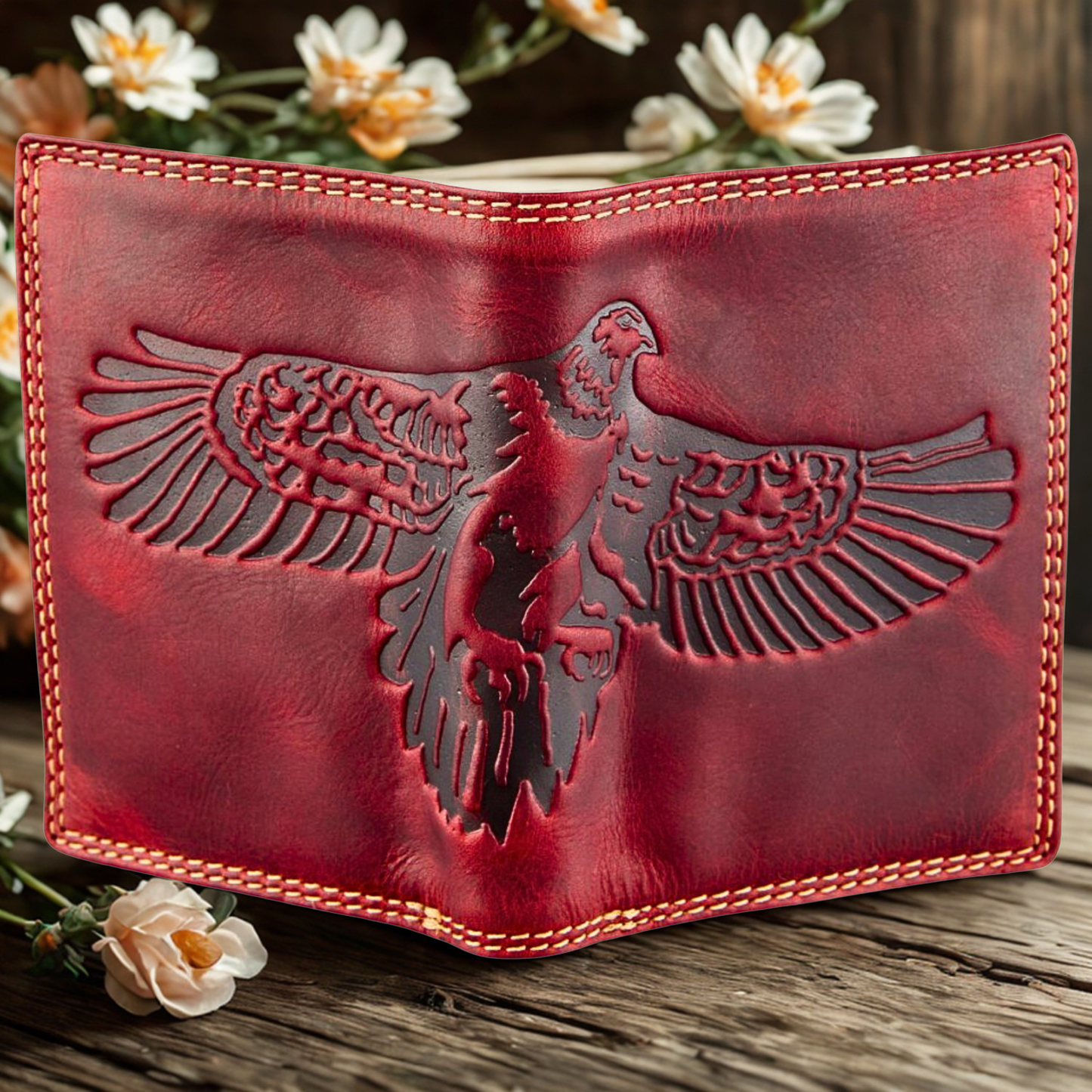 Close-up of eagle embossing detail on genuine buffalo leather wallet
