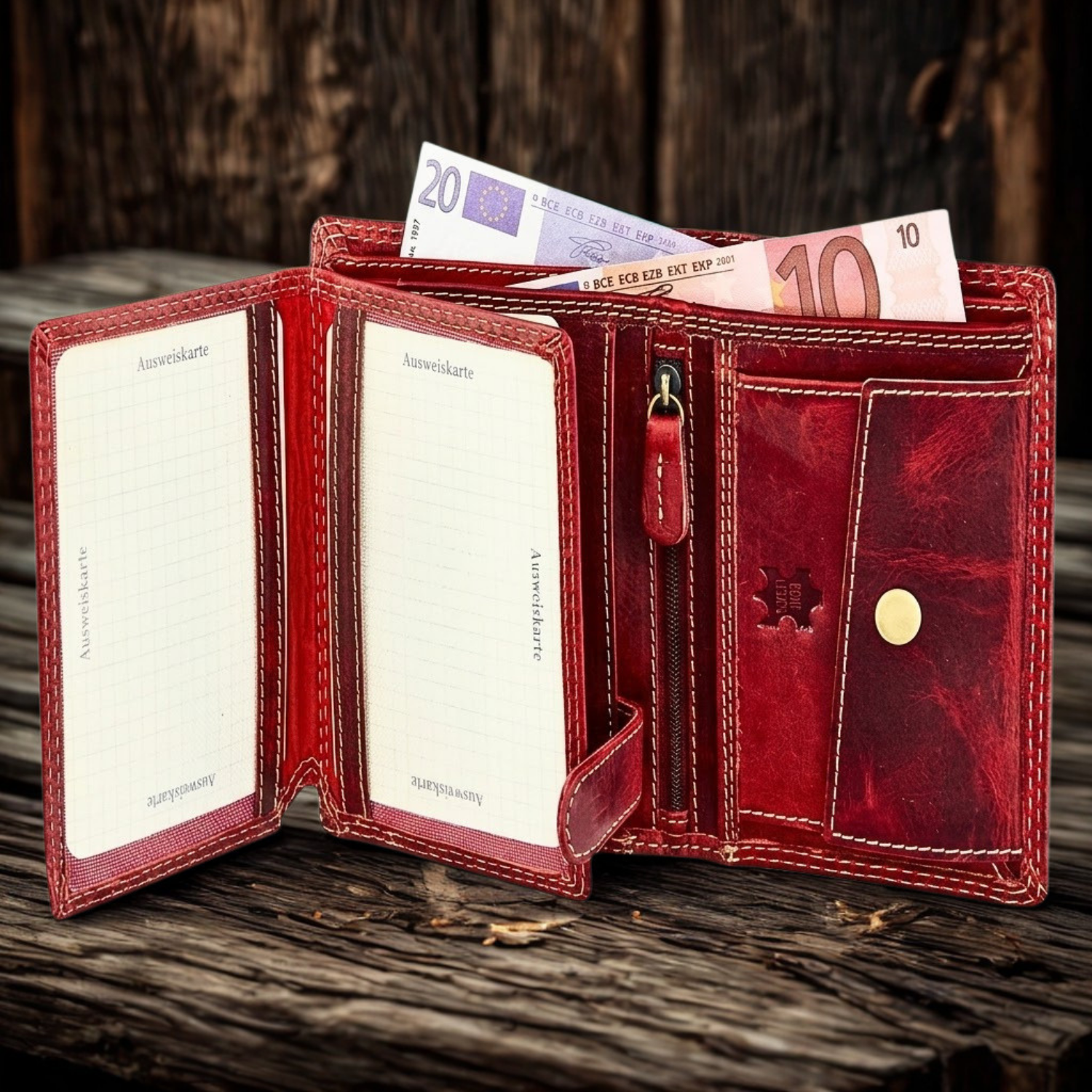 Eagle embossed leather wallet coin pocket with heavy-duty metal push-button