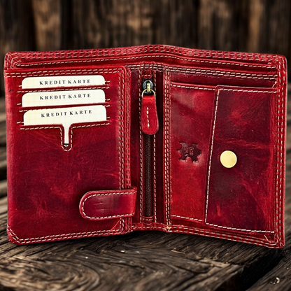 Men's eagle wallet open view showing 9 card slots and 2 clear ID windows