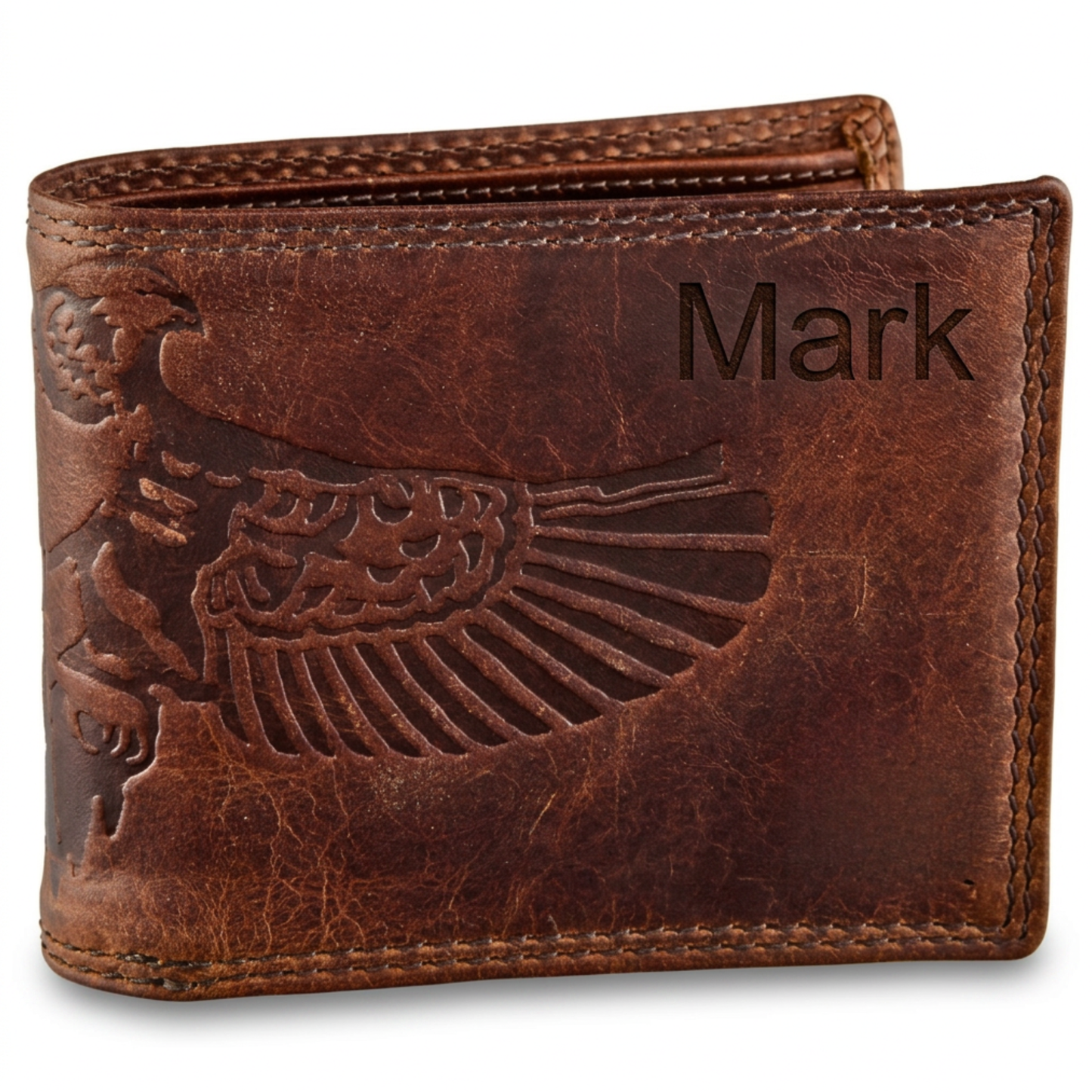 Personalized Brown bifold leather wallet for men with embossed design and 'Mark' engraving