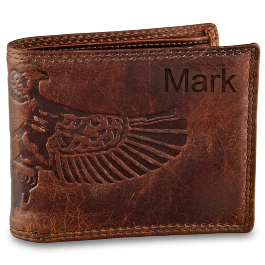 Personalized Brown bifold leather wallet for men with embossed design and 'Mark' engraving