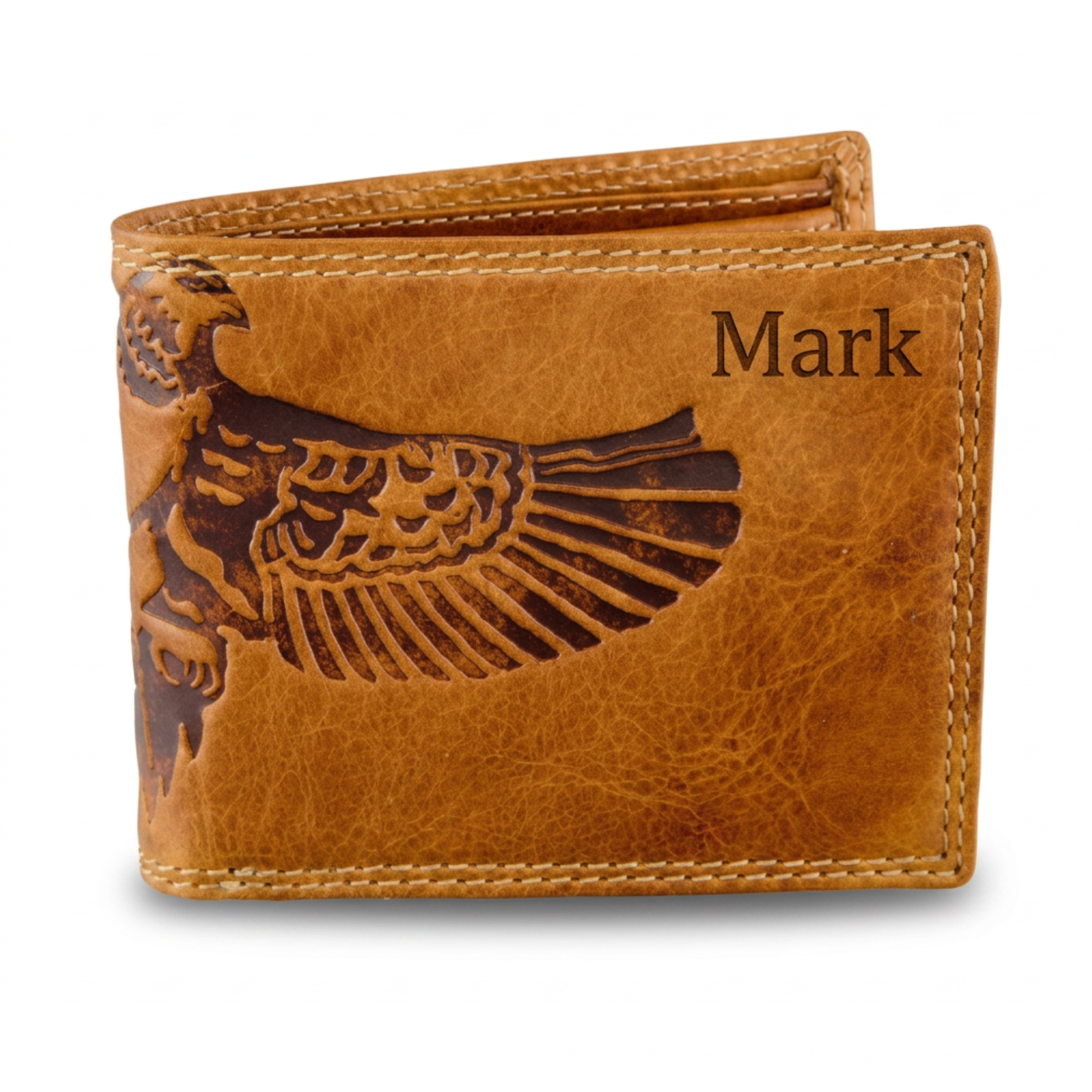 Personalized Tan men's leather wallet with eagle design and 'Mark' engraving
