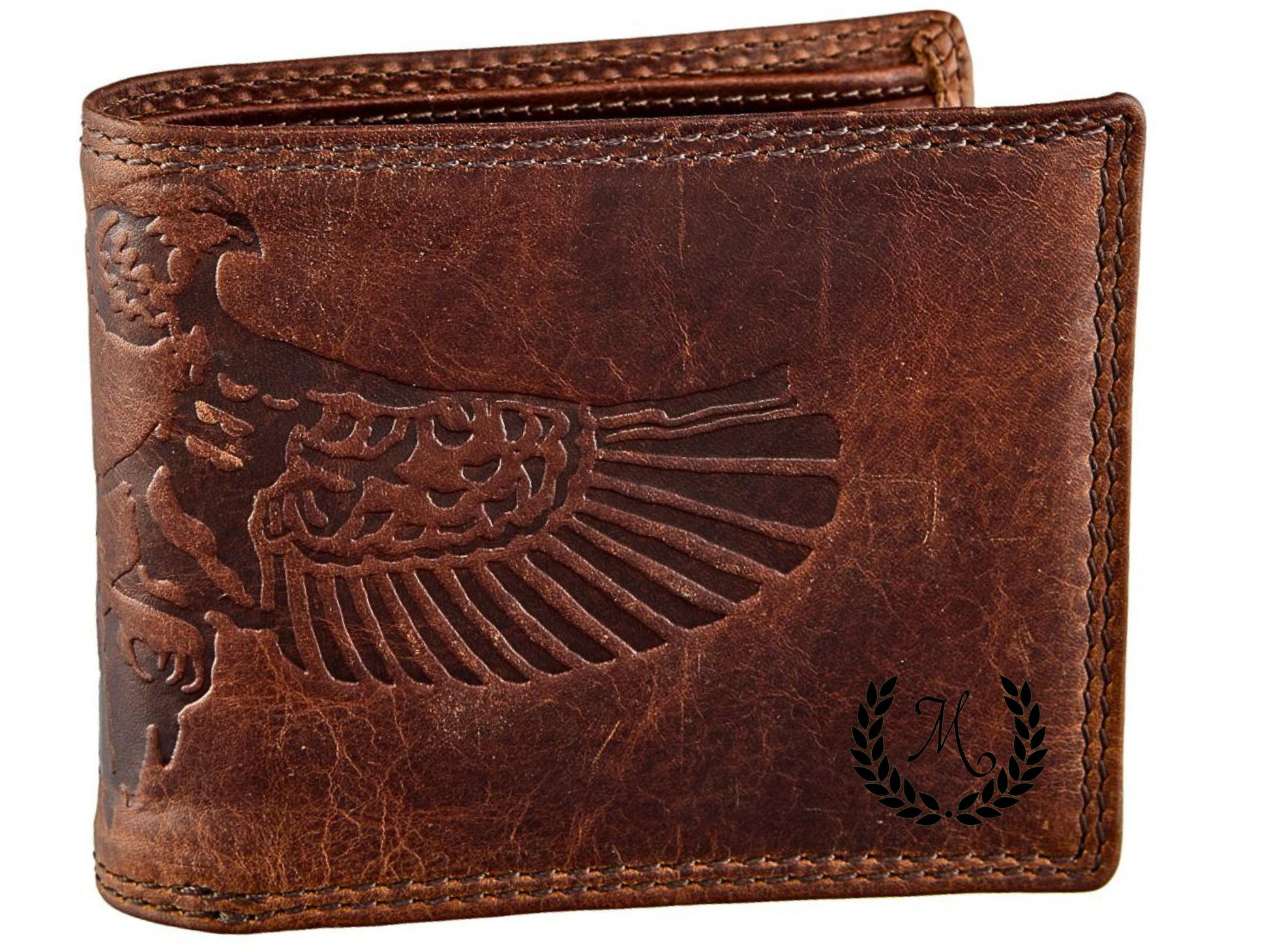 Brown leather bifold wallet men eagle imprint handmade durable Father's Day gift | The Leather Gift Co