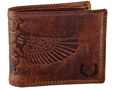 Brown leather bifold wallet men eagle imprint handmade durable Father's Day gift | The Leather Gift Co
