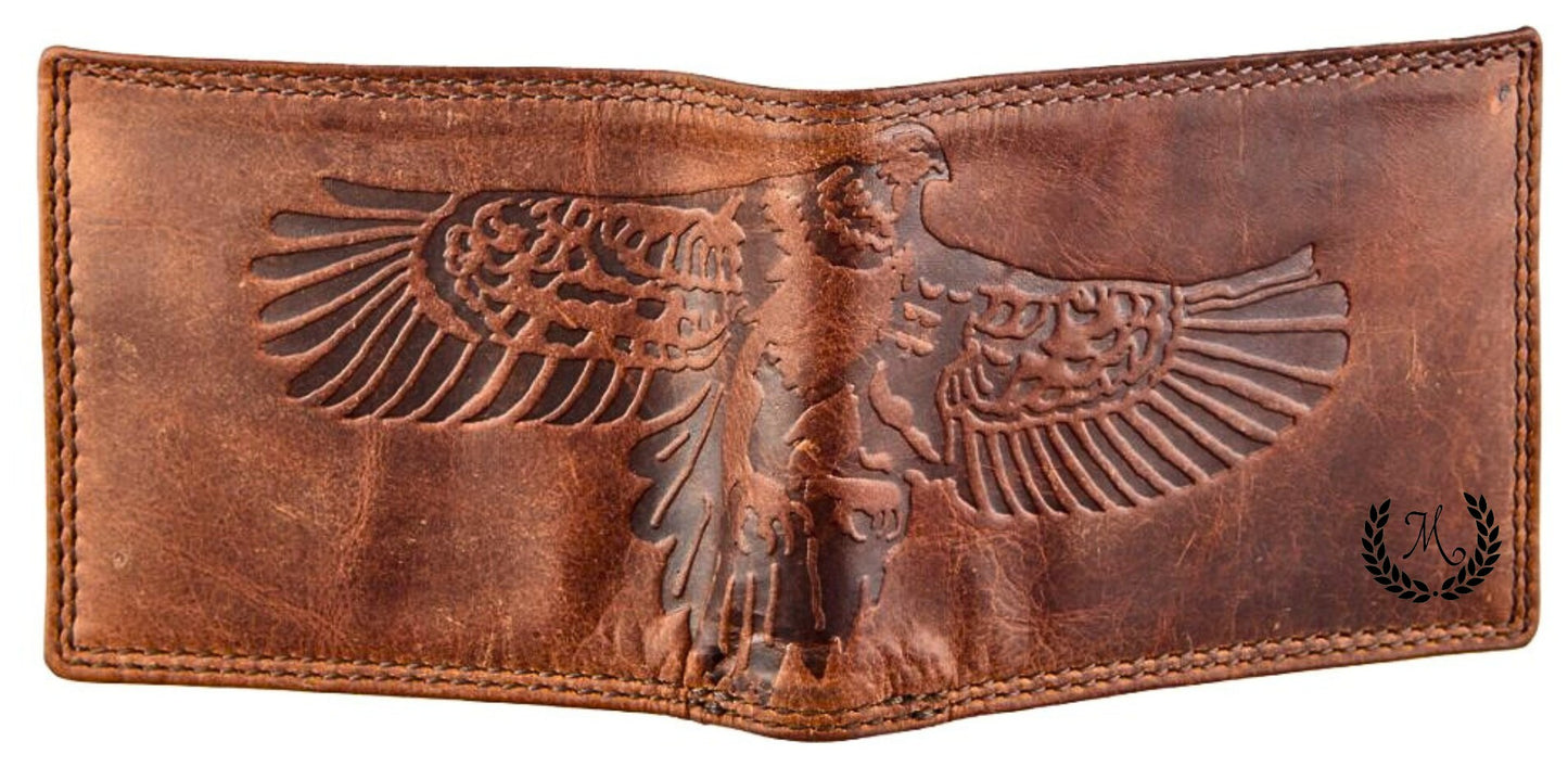 Handmade leather wallet for men eagle imprint snap closure coin pocket gift for him | The Leather Gift Co