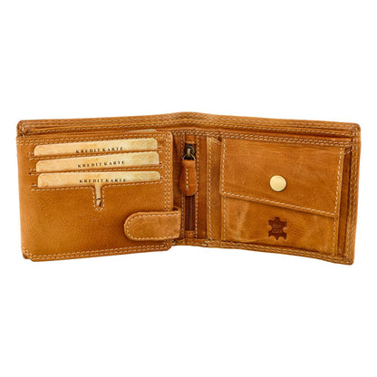 Tan leather men's wallet eagle design transparent ID window shopping cart token | The Leather Gift Co