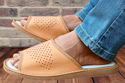 Beige leather flip flop slides for men, open toe mule design, sheepskin footbed - The Leather Gift Co