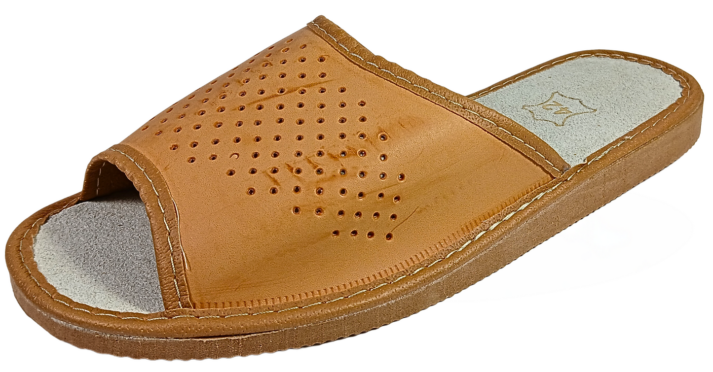 Men's beige leather open toe sandals, handmade slip-on house slides, made in Poland - The Leather Gift Co