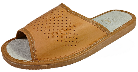 Men's beige leather open toe sandals, handmade slip-on house slides, made in Poland - The Leather Gift Co