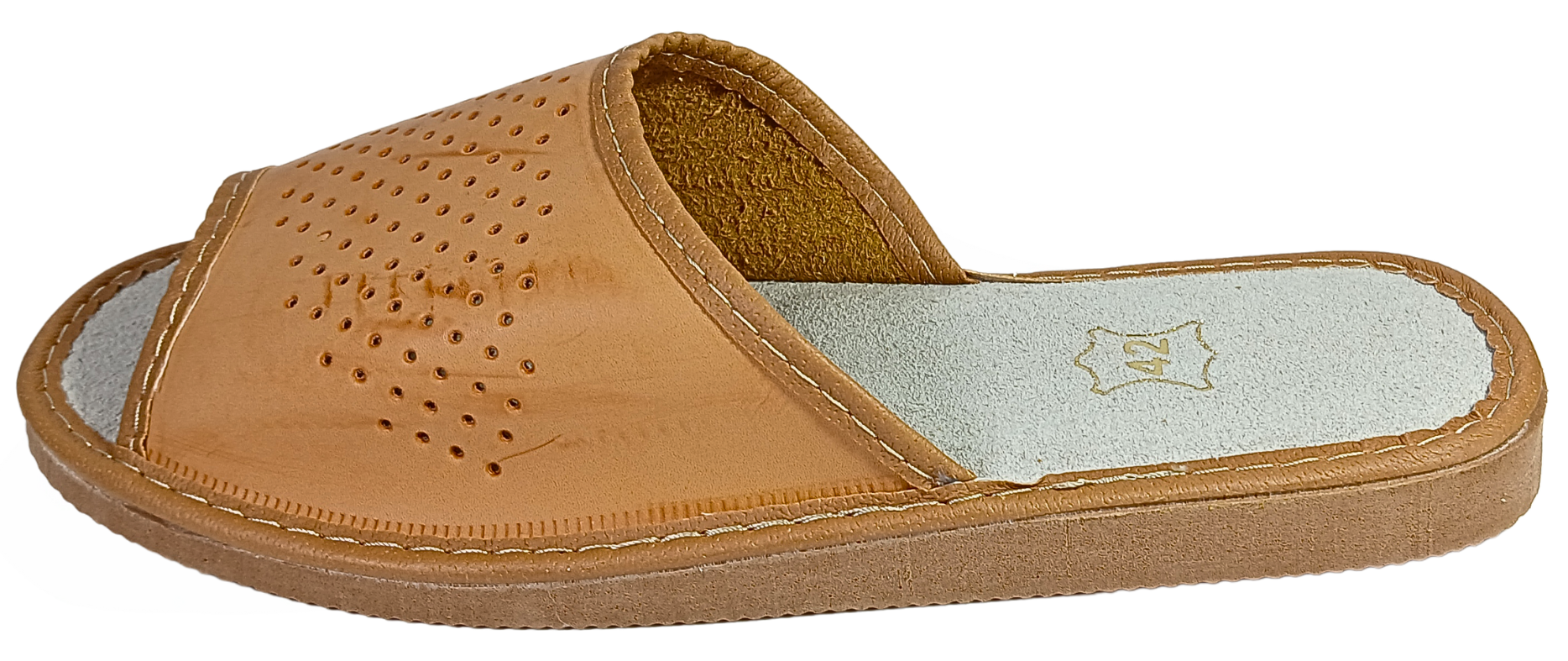 Side view of men's beige leather open toe house slides, handmade in Poland - The Leather Gift Co