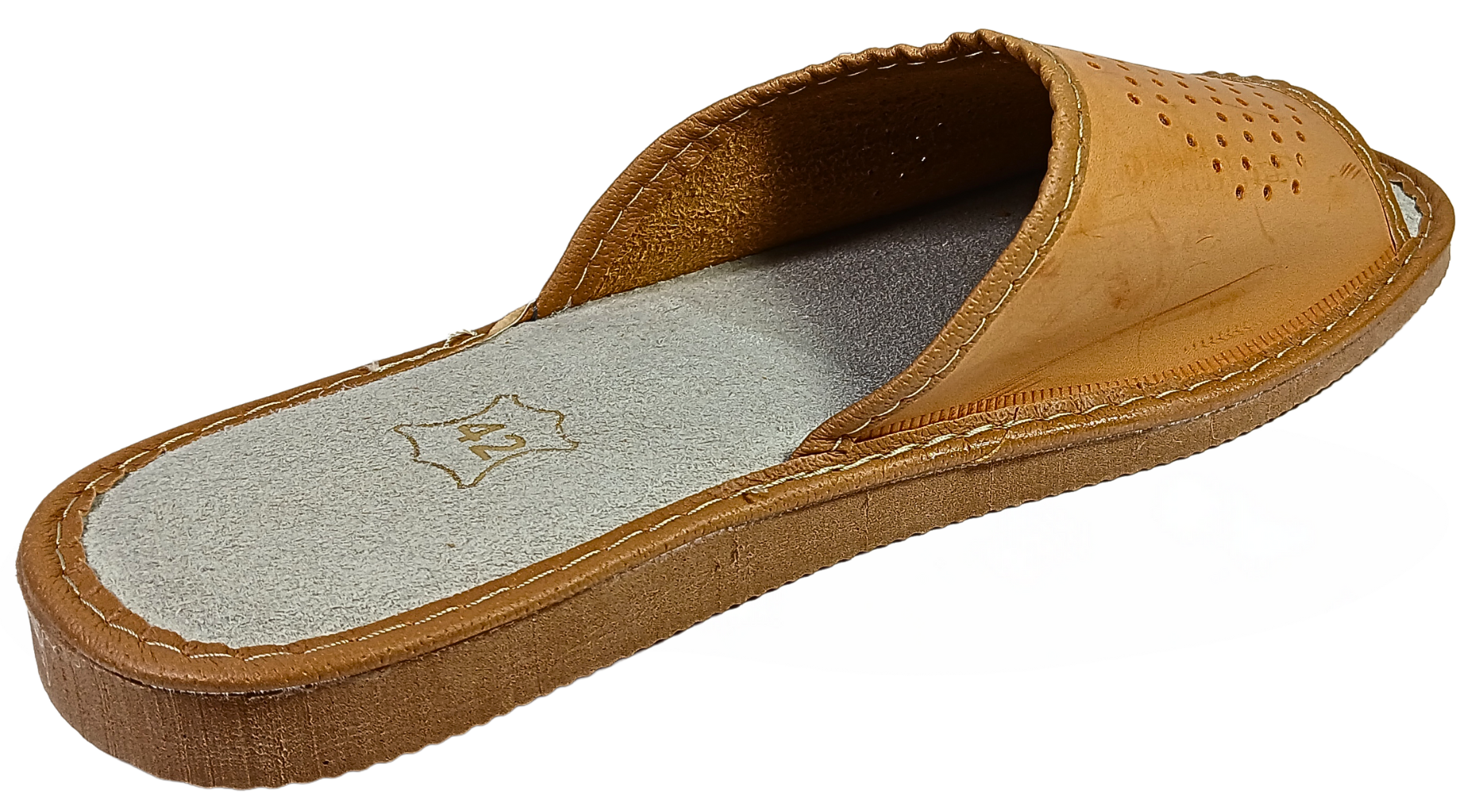 Close-up of sheepskin insole in men's beige leather open toe slides - The Leather Gift Co