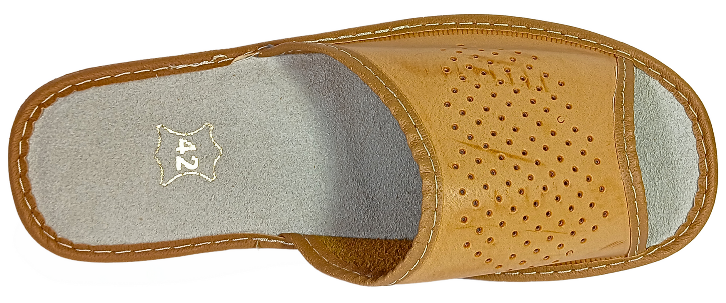 Top view of beige handmade leather flip flop slides for men, made in Poland - The Leather Gift Co