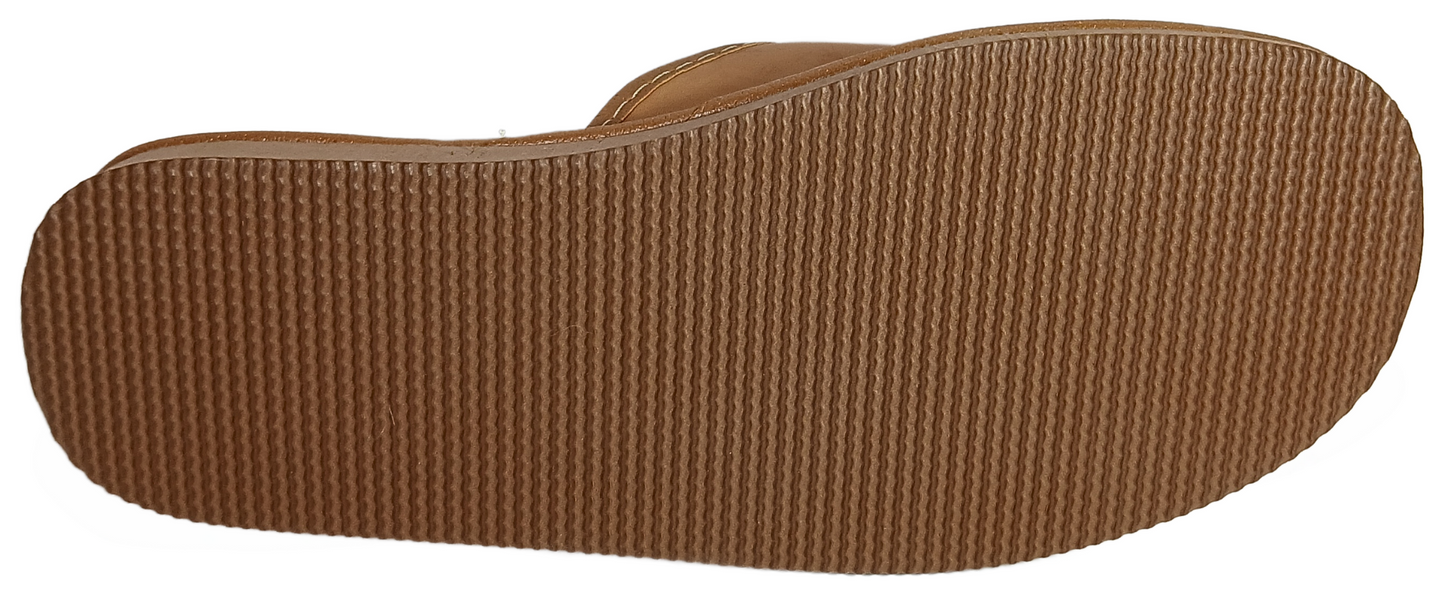 Men's beige leather house sandals, open toe slip-on style, flexible rubber outsole - The Leather Gift Co
