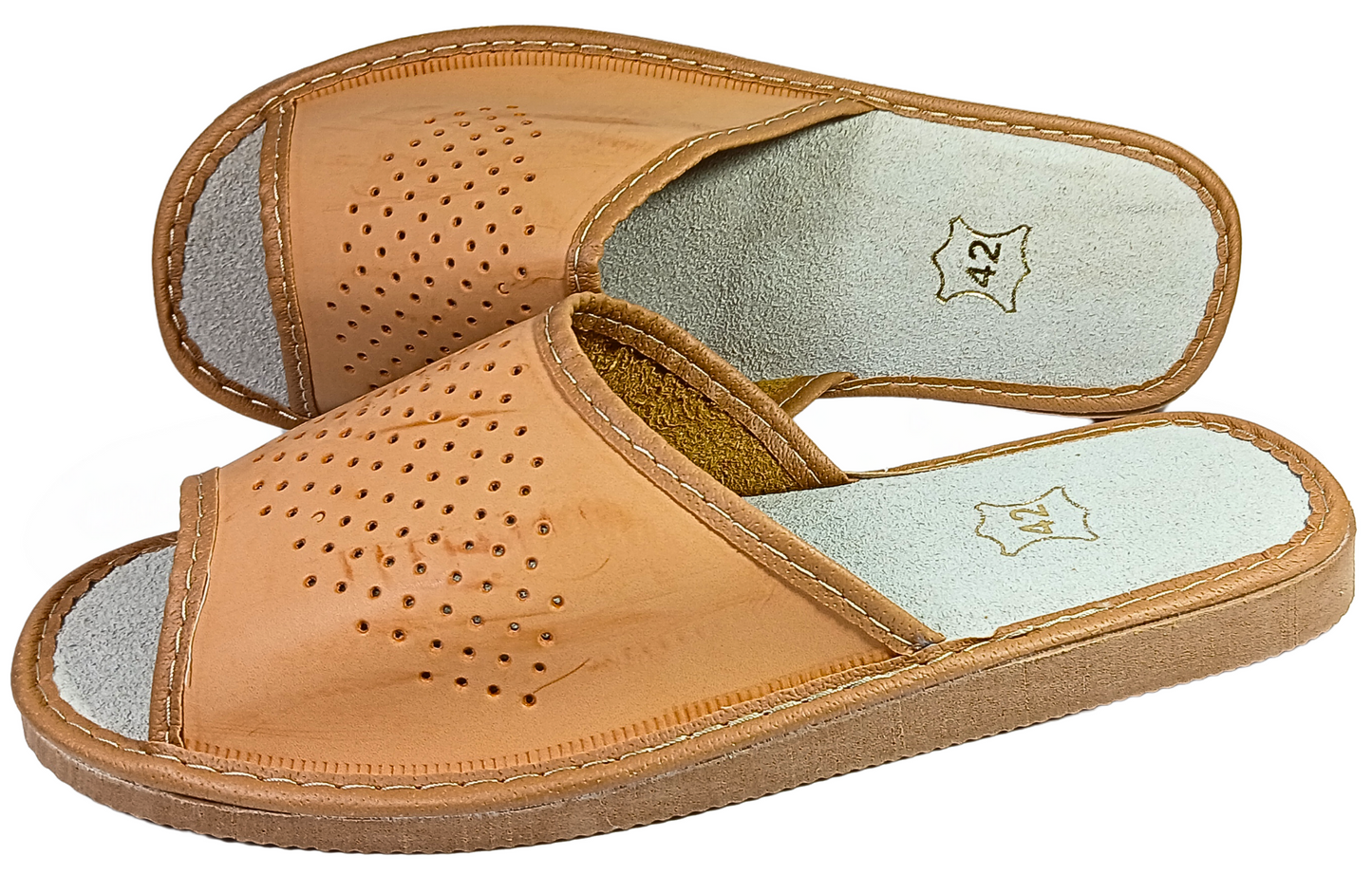 Handmade beige leather indoor slides for men, Polish artisan craftsmanship - The Leather Gift Co
