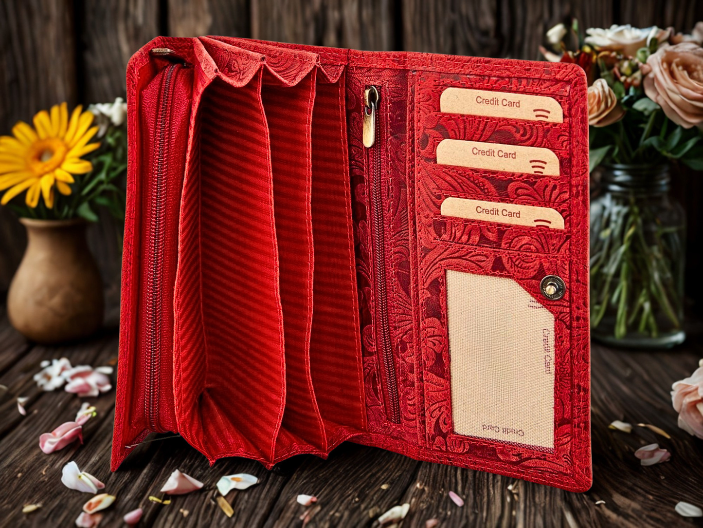 Genuine buffalo leather floral wallet women brown beige green forever wallet daily use | The Leather Gift Co