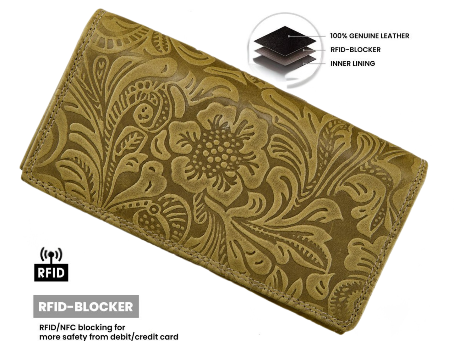 Deep floral etched leather phone wallet women 7 card slots personalized gift for her | The Leather Gift Co