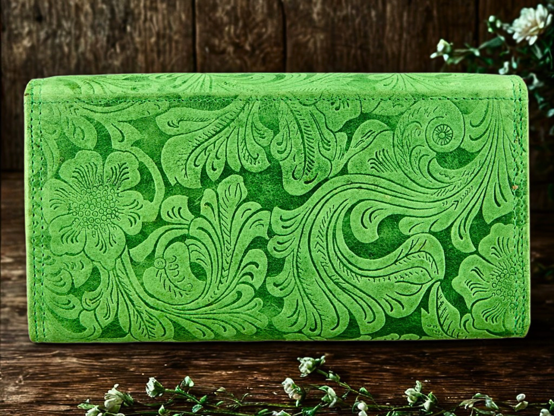 Women's floral tooled leather wallet 7 card slots 3 compartments RFID protection | The Leather Gift Co
