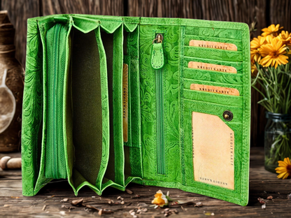 Buffalo leather phone clutch wallet women deep floral embossing brown black red beige green | The Leather Gift Co