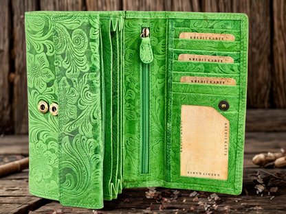 Genuine water buffalo leather floral wallet women large coin pocket zip closure gift for her | The Leather Gift Co
