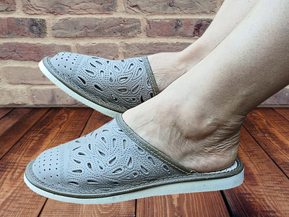 Handmade women's sheepskin slippers with floral pattern, easy slip-on bedroom shoes - The Leather Gift Co