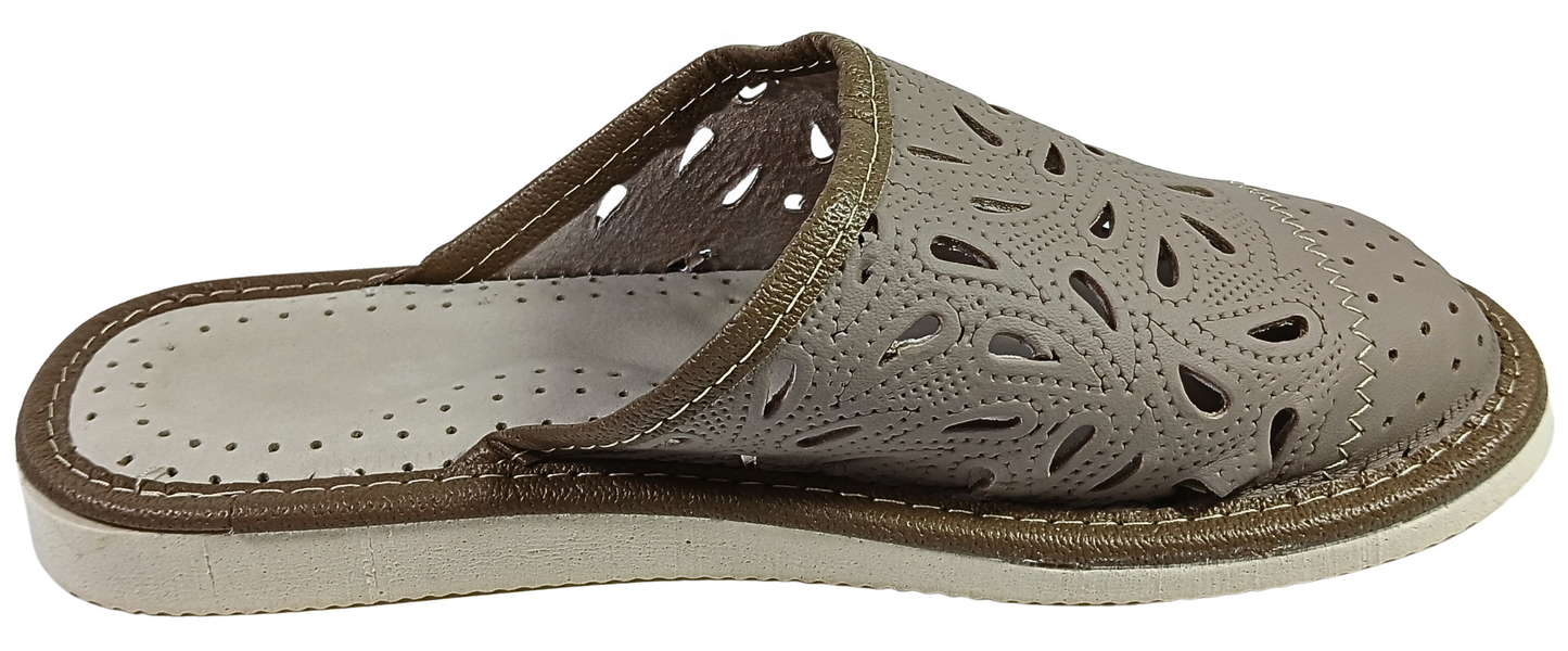 Women wearing floral sheepskin closed toe slippers indoors, handcrafted in Poland - The Leather Gift Co