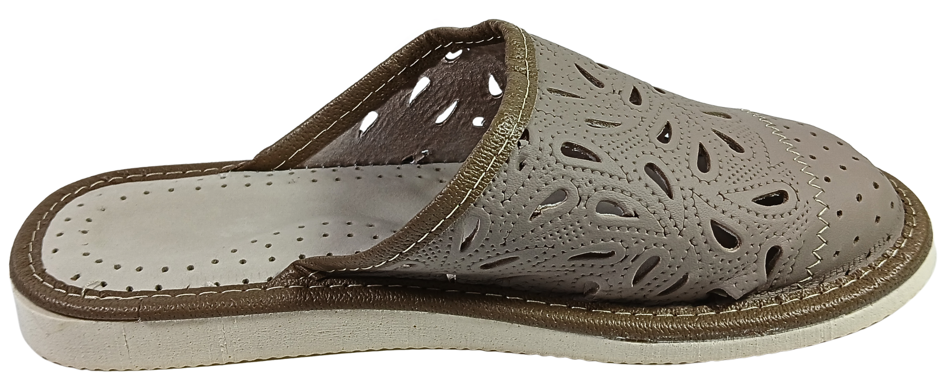 Women wearing floral sheepskin closed toe slippers indoors, handcrafted in Poland - The Leather Gift Co