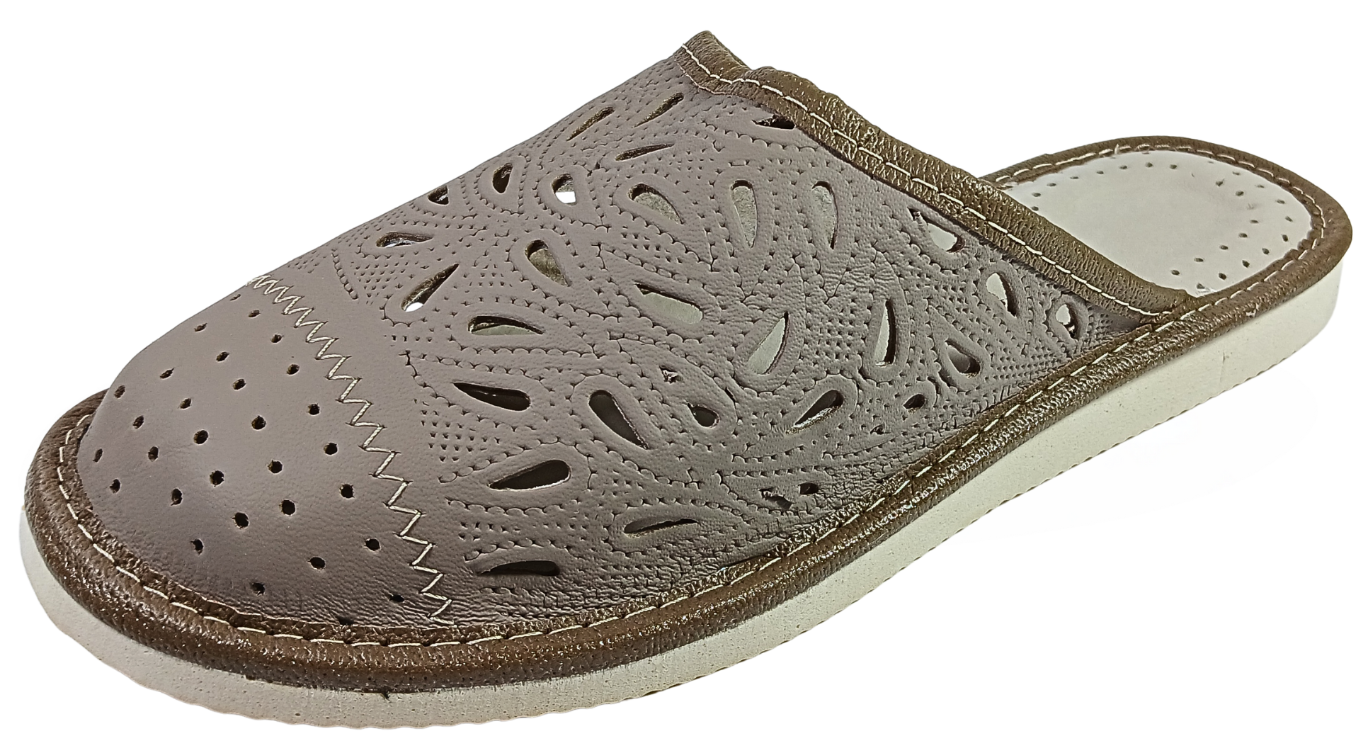 Women's handmade sheepskin house slippers with floral design, closed toe mules, made in Poland - The Leather Gift Co