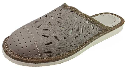 Women's handmade sheepskin house slippers with floral design, closed toe mules, made in Poland - The Leather Gift Co