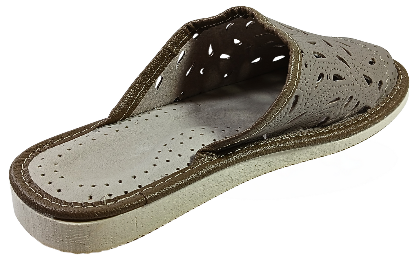 Top view of women's handmade floral sheepskin mules, soft leather upper - The Leather Gift Co