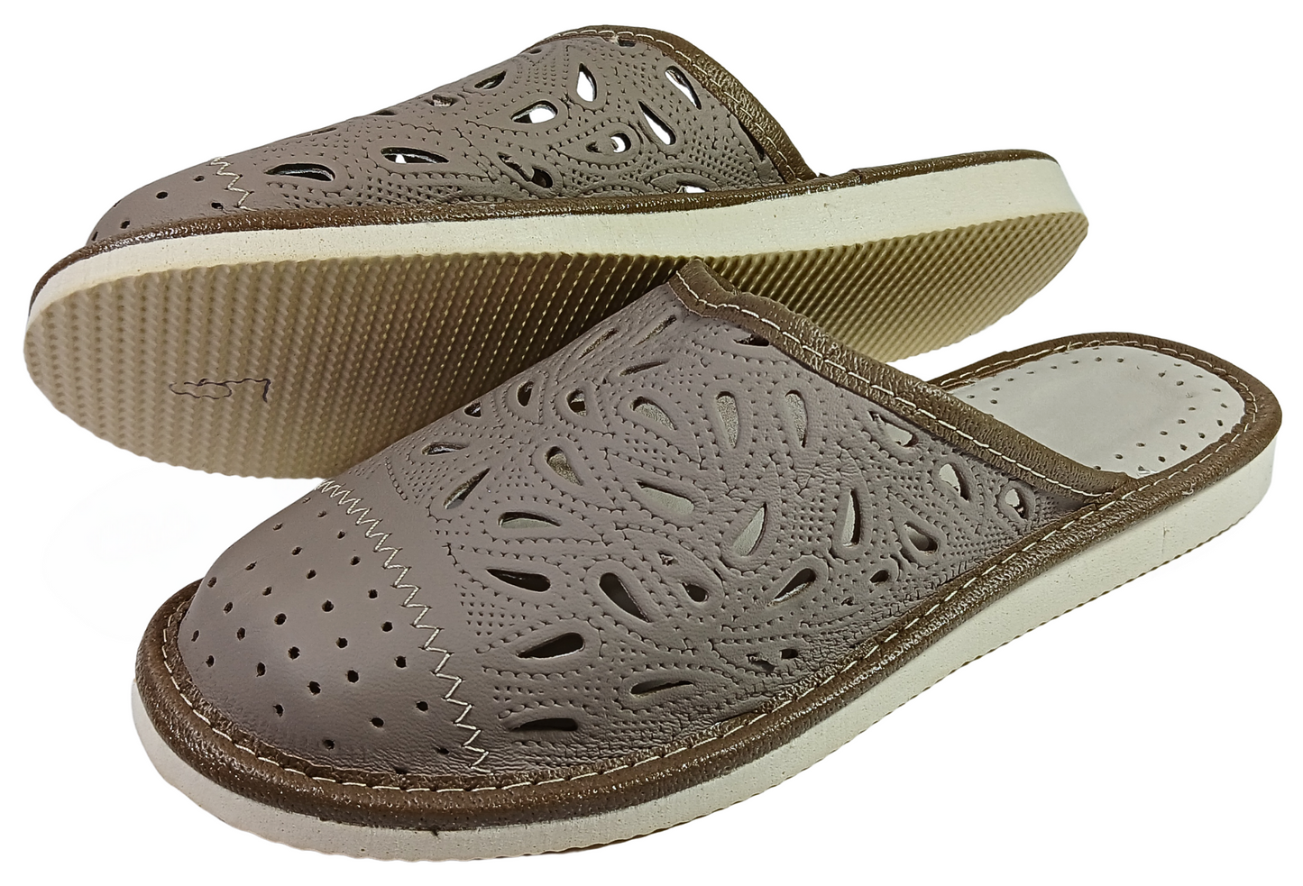 Side view of women's floral closed toe sheepskin mules, EVA foam rubber outsole - The Leather Gift Co