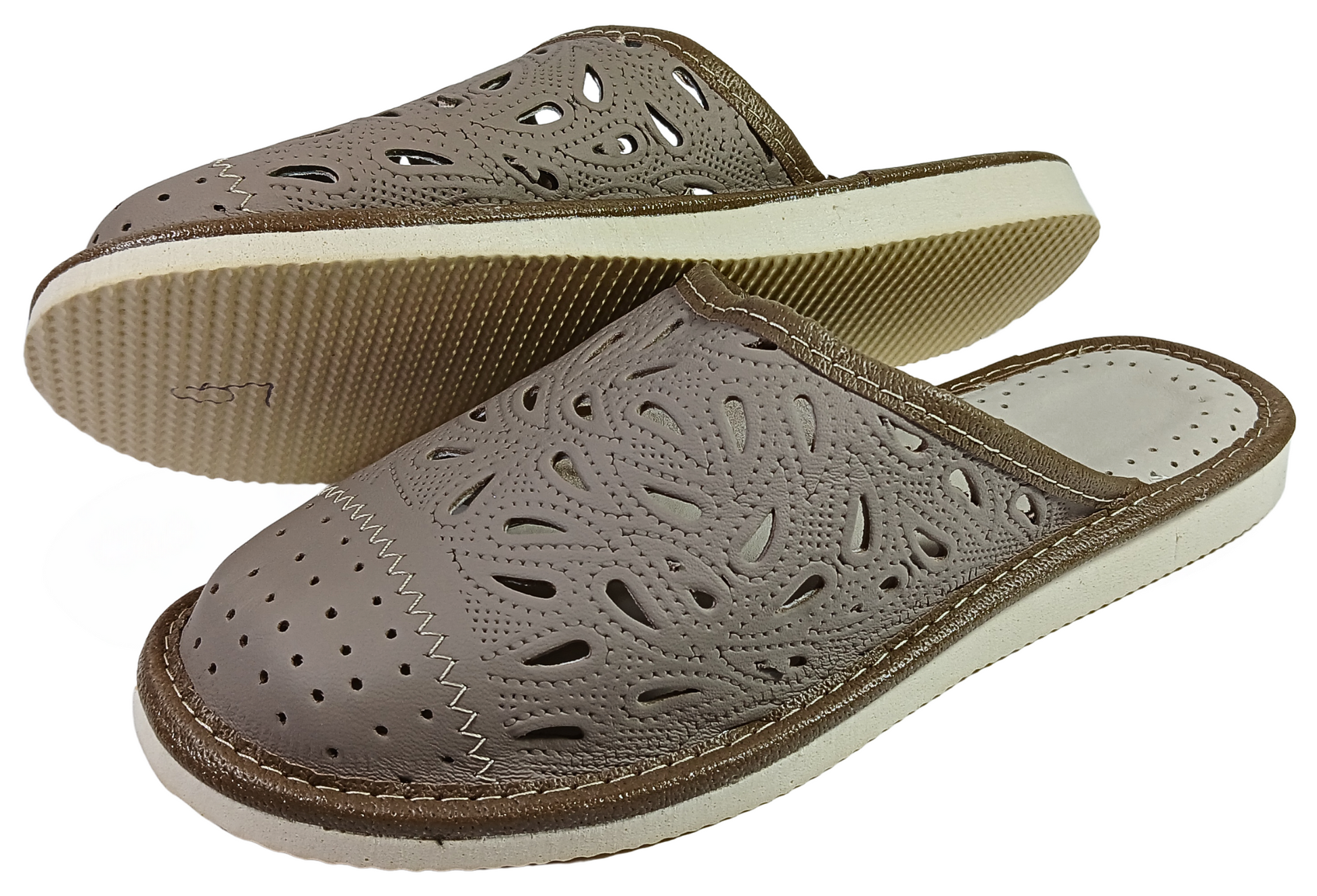 Side view of women's floral closed toe sheepskin mules, EVA foam rubber outsole - The Leather Gift Co