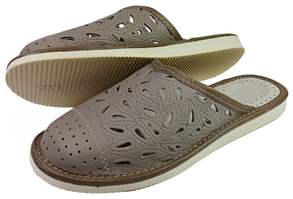Side view of women's floral closed toe sheepskin mules, EVA foam rubber outsole - The Leather Gift Co