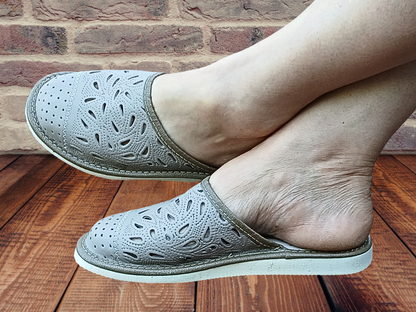Floral sheepskin slippers for women, soft leather closed toe mules, cushioned insole - The Leather Gift Co