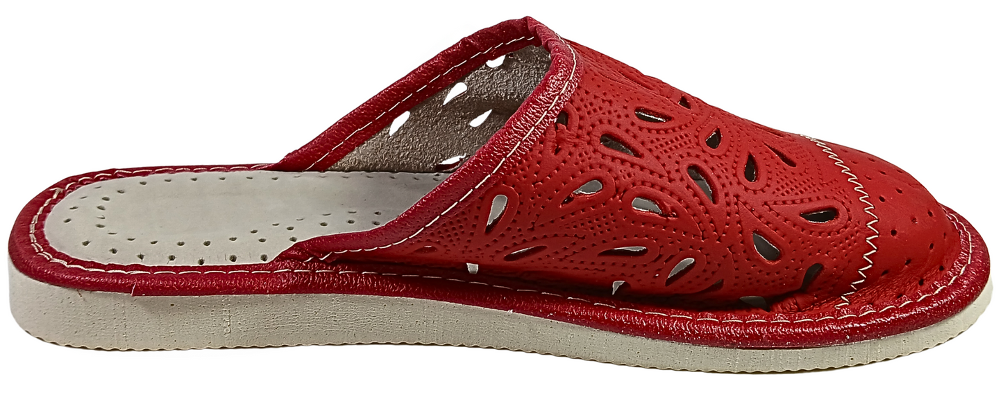 Side view of women's red sheepskin closed toe house mules, EVA foam rubber outsole - The Leather Gift Co