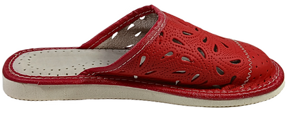Side view of women's red sheepskin closed toe house mules, EVA foam rubber outsole - The Leather Gift Co