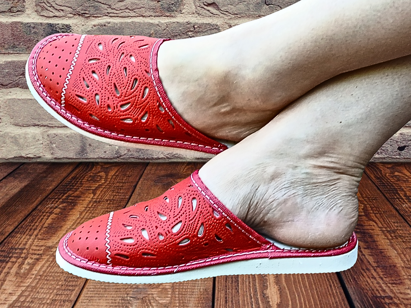Women's handmade red sheepskin bedroom slippers, luxury closed toe mules, made in Poland - The Leather Gift Co
