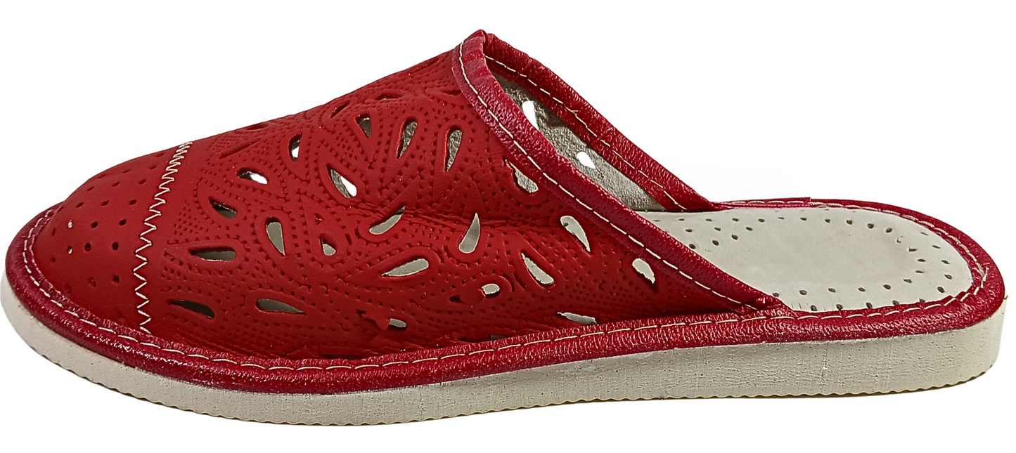 Elegant red sheepskin house slippers for women, soft leather closed toe slip-on - The Leather Gift Co