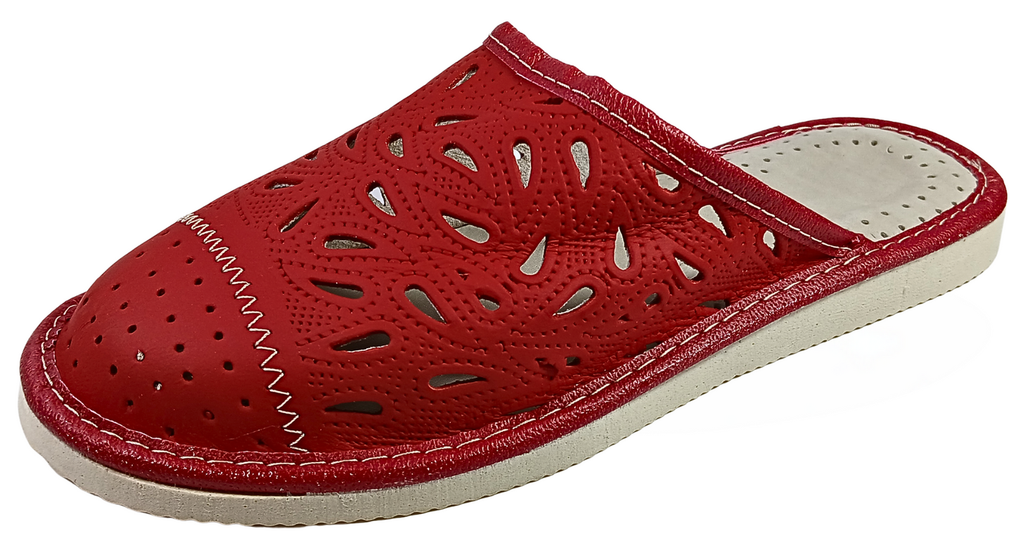 Top view of women's elegant red sheepskin closed toe mules, lightweight EVA sole - The Leather Gift Co