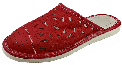 Top view of women's elegant red sheepskin closed toe mules, lightweight EVA sole - The Leather Gift Co