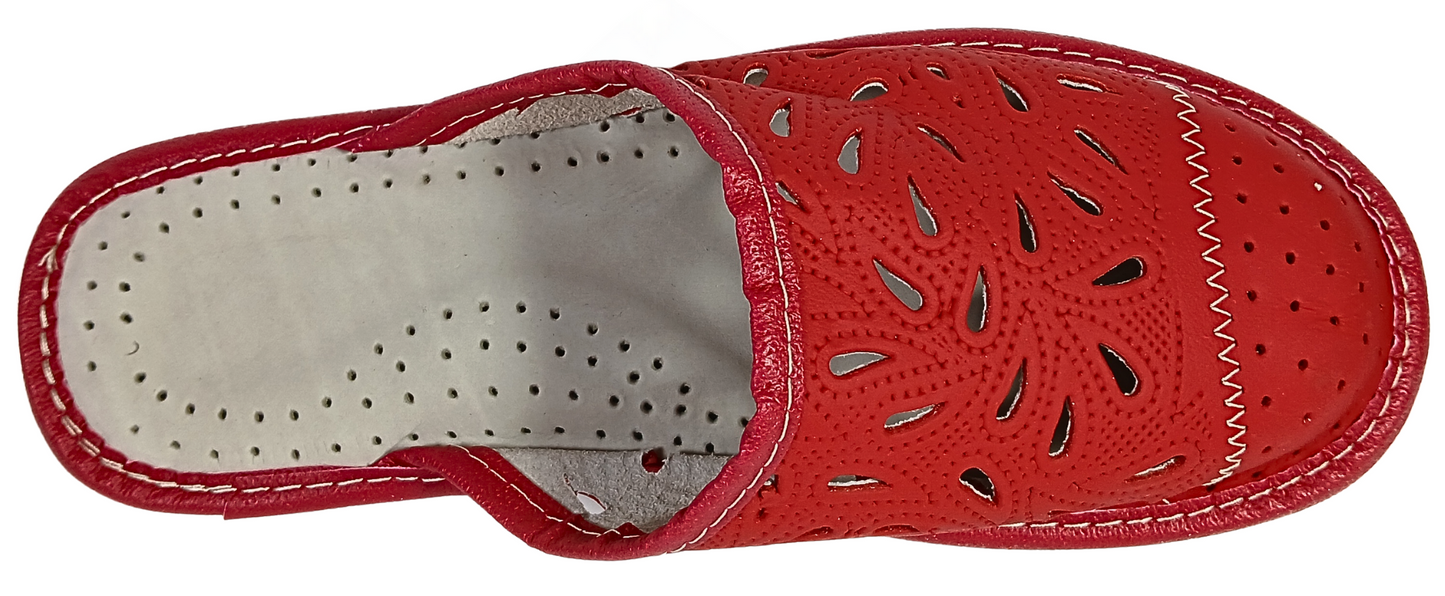 Close-up of soft red sheepskin leather upper on women's handmade bedroom mules - The Leather Gift Co