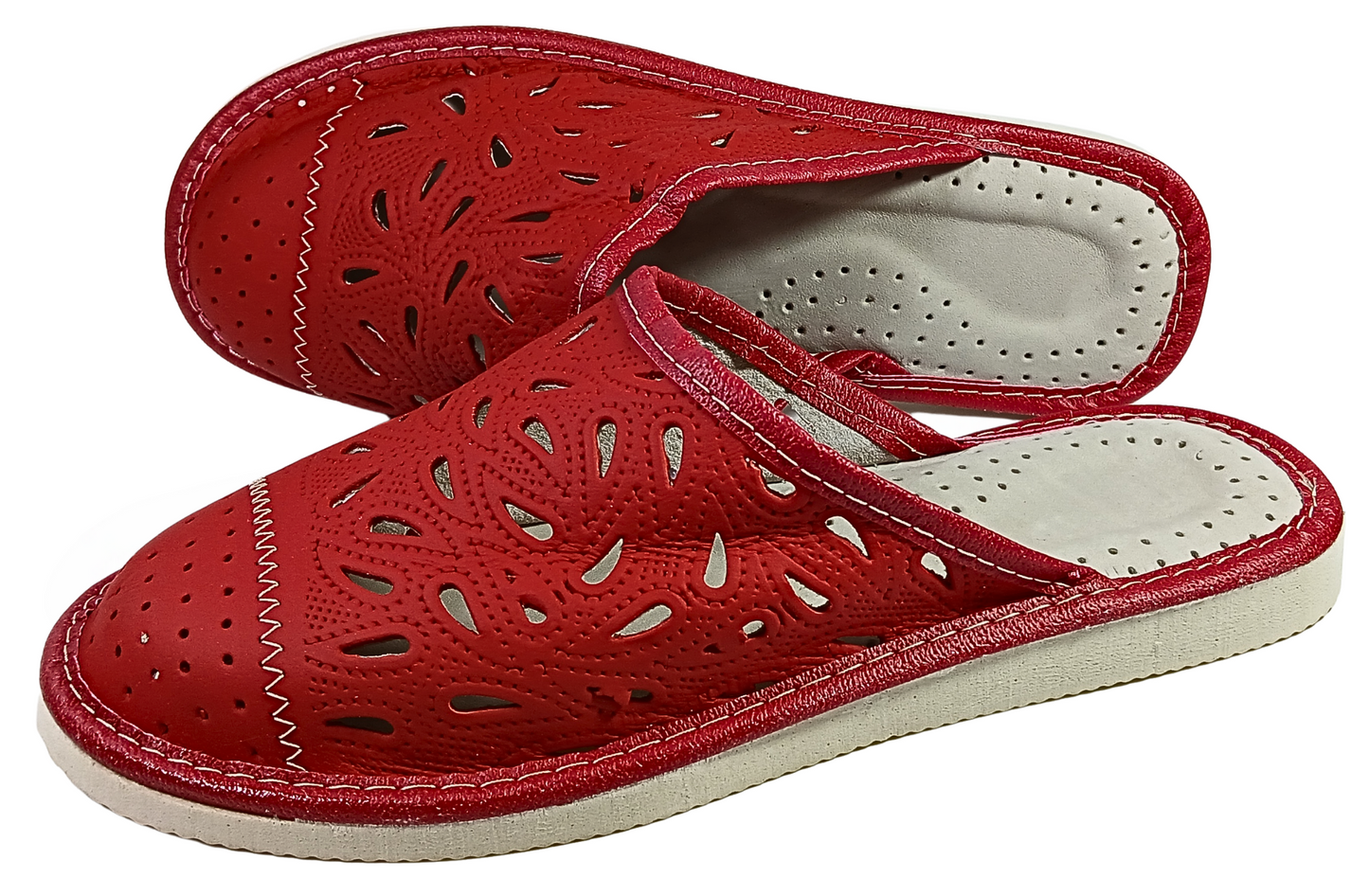 Pair of women's luxury red sheepskin house mules, handcrafted in Poland, free EU shipping - The Leather Gift Co